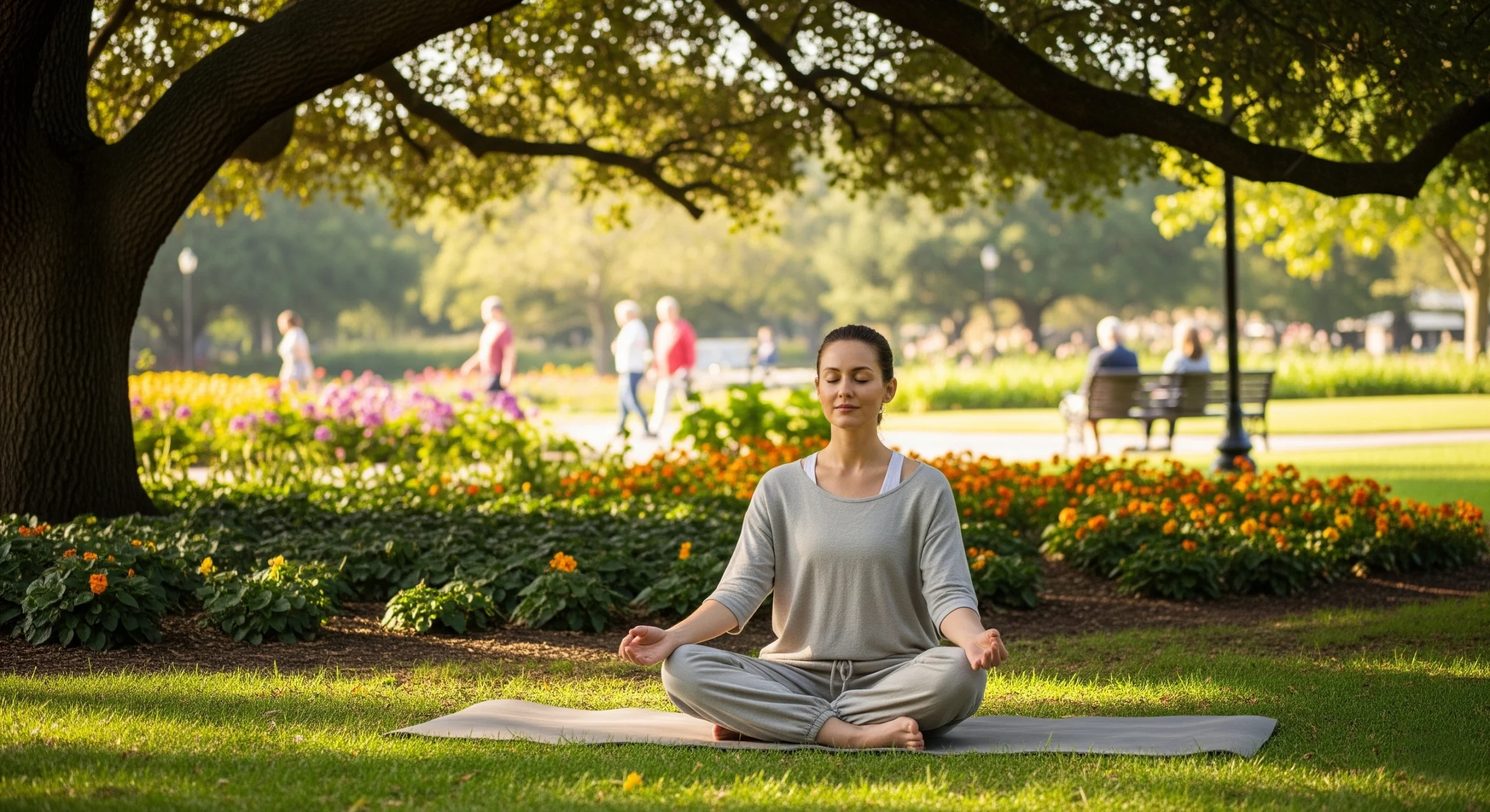 woman meditating in a park to manage stress and anxiety naturally
