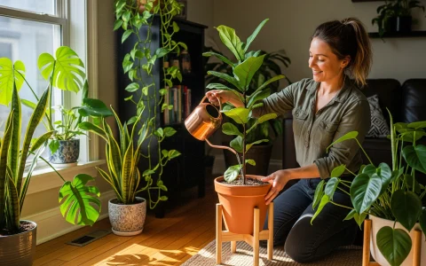 woman watering healthy indoor plants