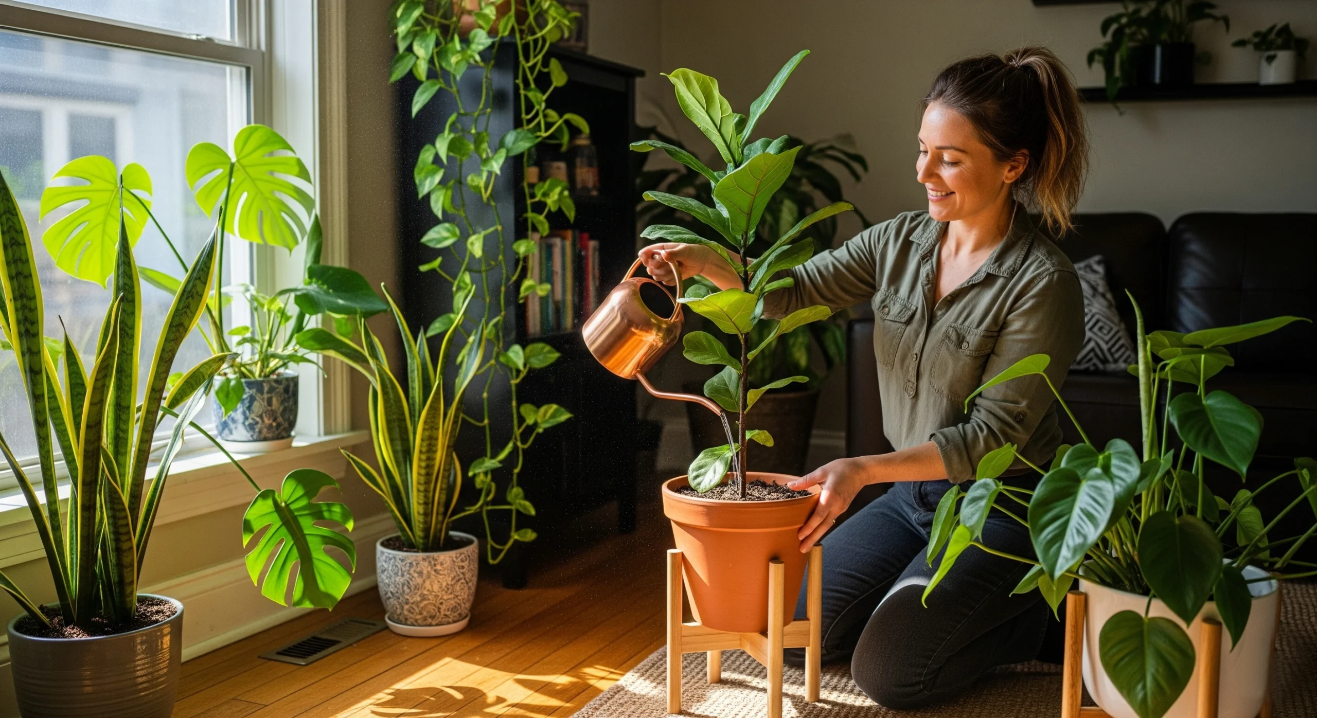 woman watering healthy indoor plants