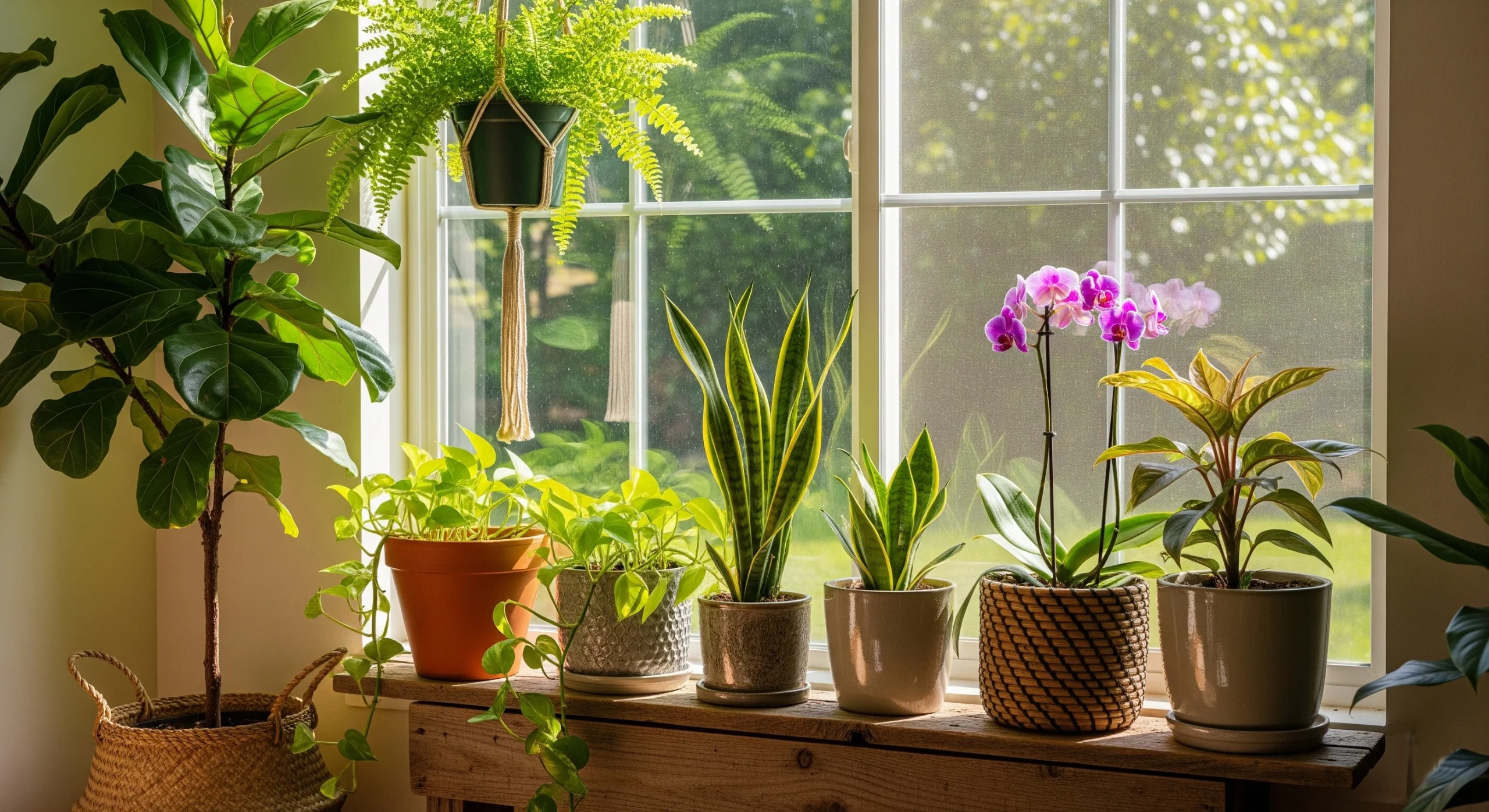 healthy indoor plants near a bright window
